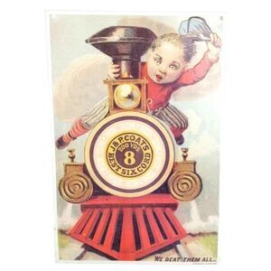 Vintage "We Beat Them All" J&P Coats Boy Riding Train Advertisement Tin Sign
